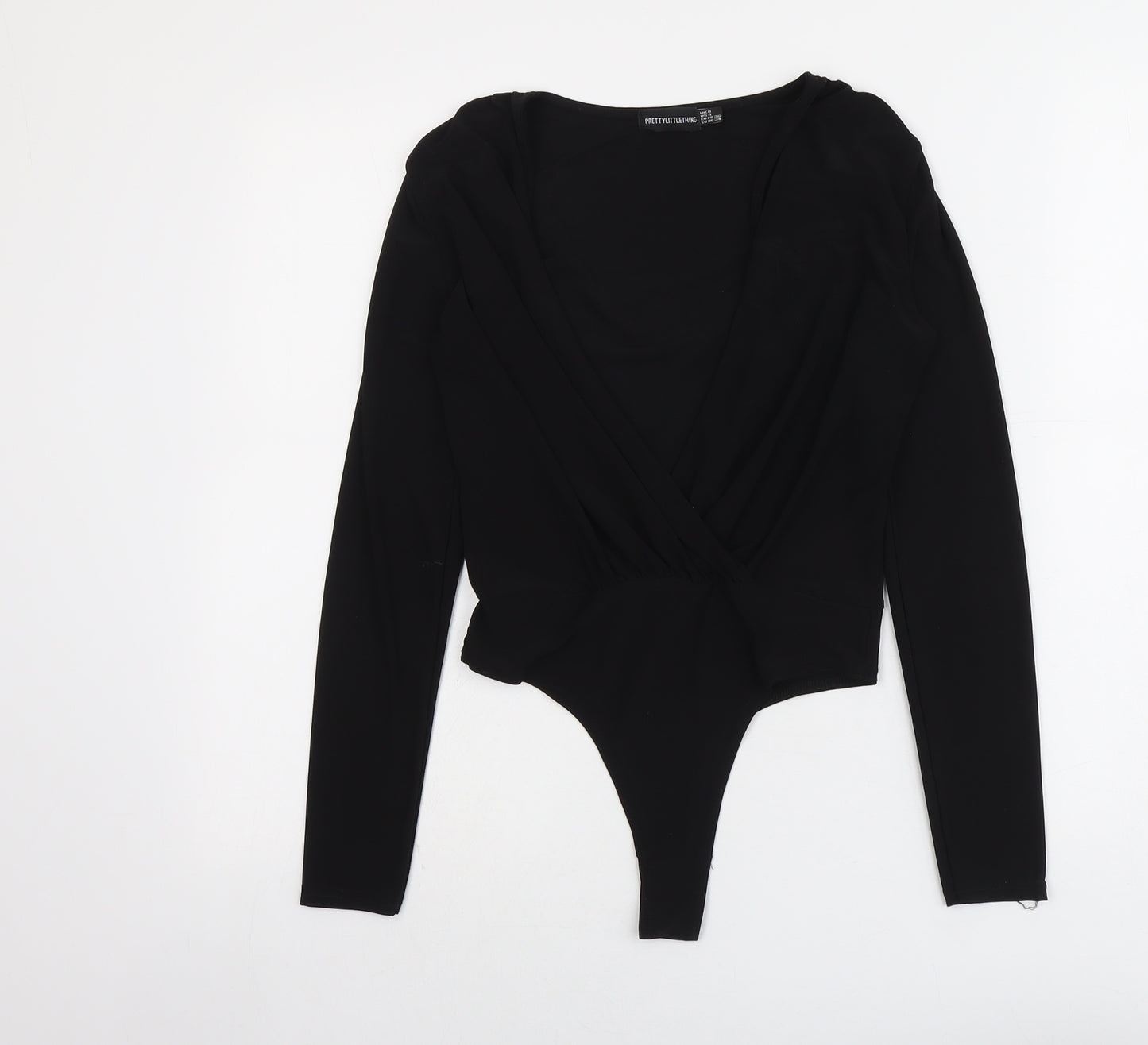 PRETTYLITTLETHING Womens Black Polyester Bodysuit One-Piece Size 8 Snap - Wrap Front