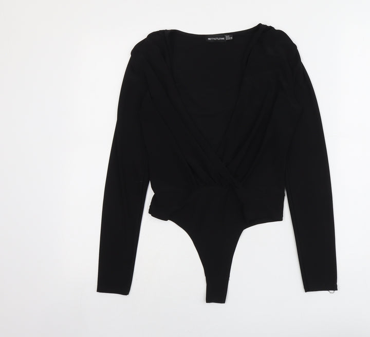 PRETTYLITTLETHING Womens Black Polyester Bodysuit One-Piece Size 8 Snap - Wrap Front