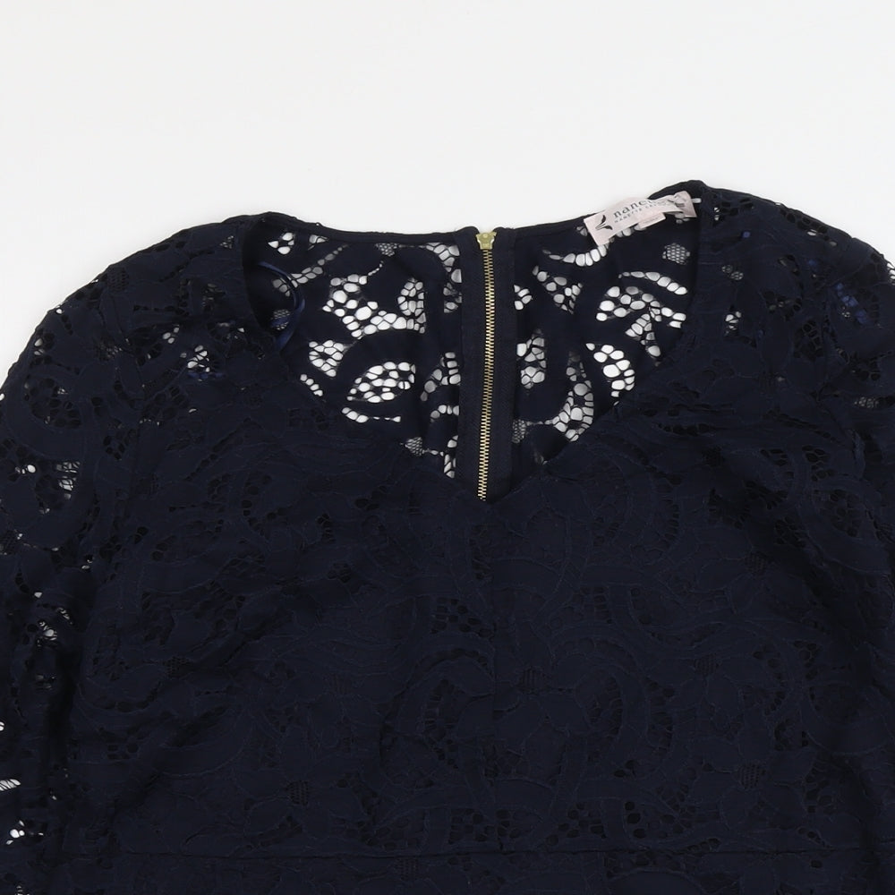 Nanette Lepore Womens Blue Geometric Cotton Basic Blouse Size L V-Neck