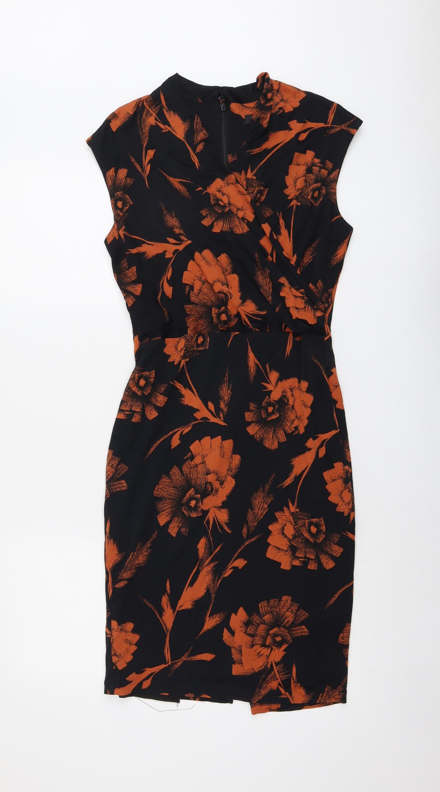 Autograph Womens Black Floral Viscose Sheath Size 10 V-Neck Zip
