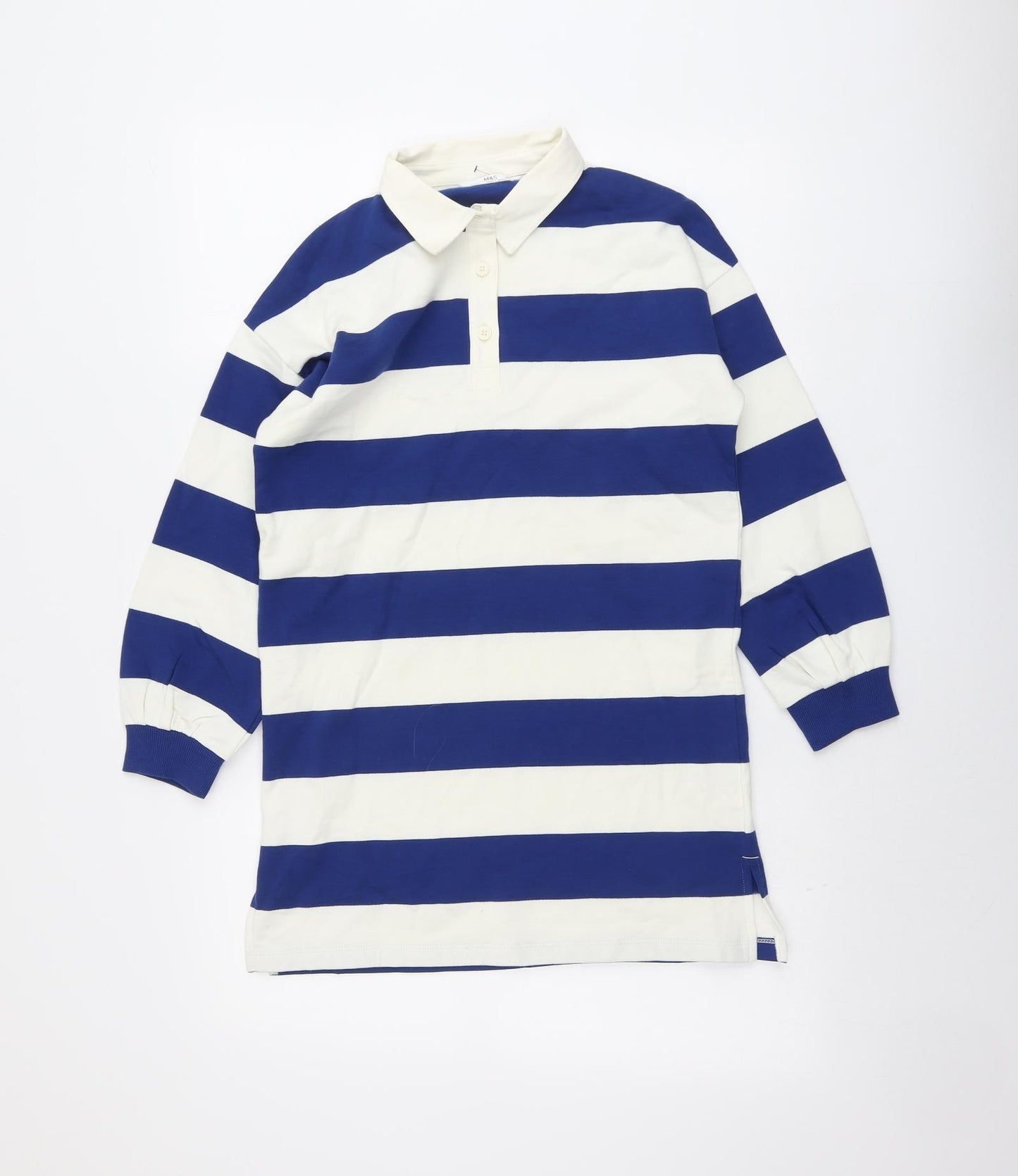 Marks and Spencer Girls Blue Striped Cotton Basic Polo Size 9-10 Years Collared Button