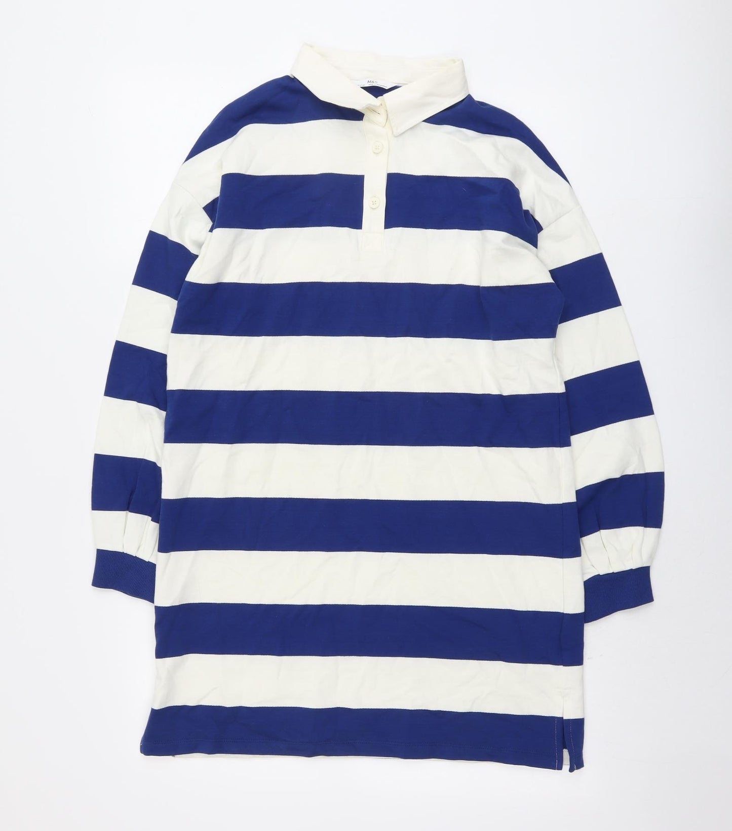 Marks and Spencer Girls Blue Striped Cotton T-Shirt Dress Size 12-13 Years Collared Button