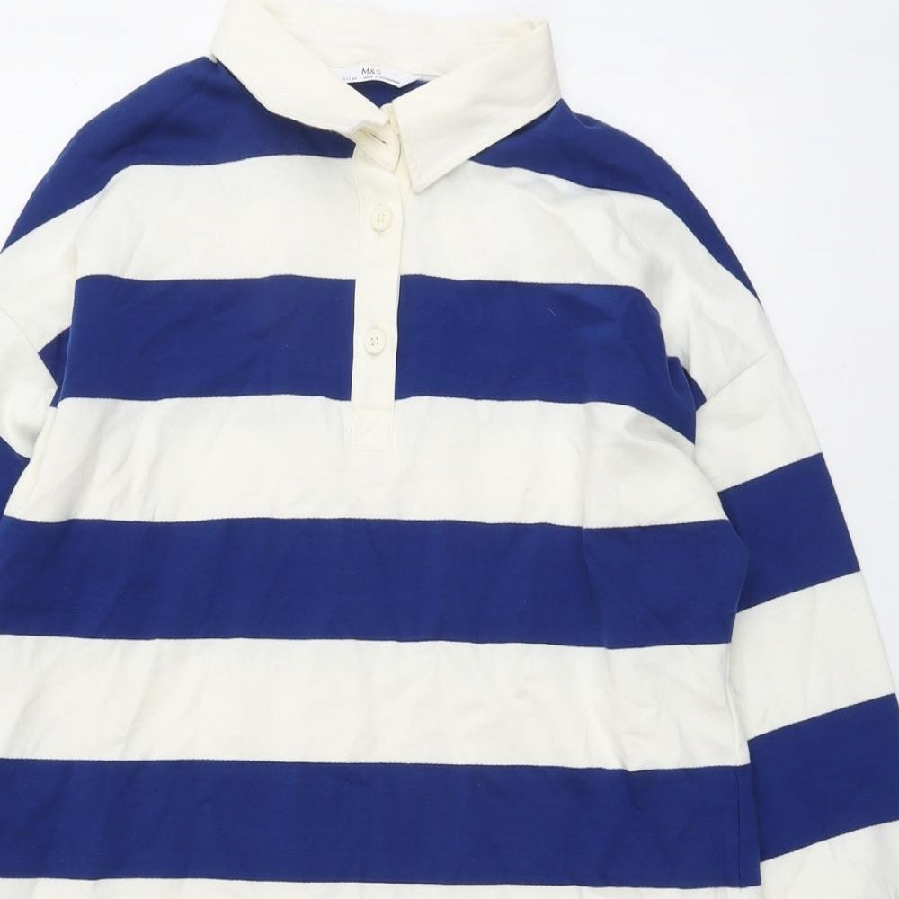 Marks and Spencer Girls Blue Striped Cotton T-Shirt Dress Size 12-13 Years Collared Button