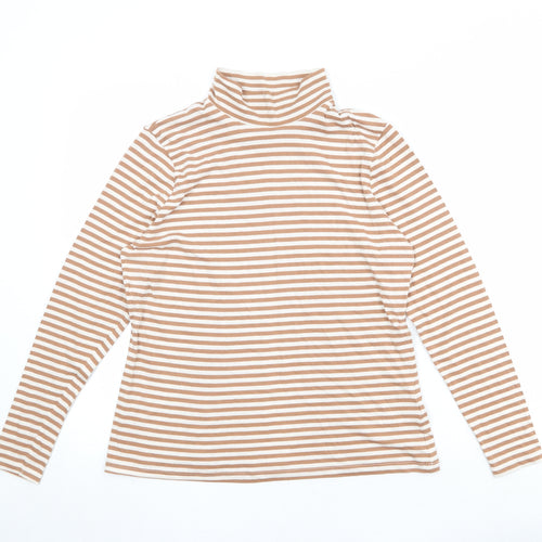 Marks and Spencer Womens Brown Striped Cotton Basic T-Shirt Size 16 High Neck