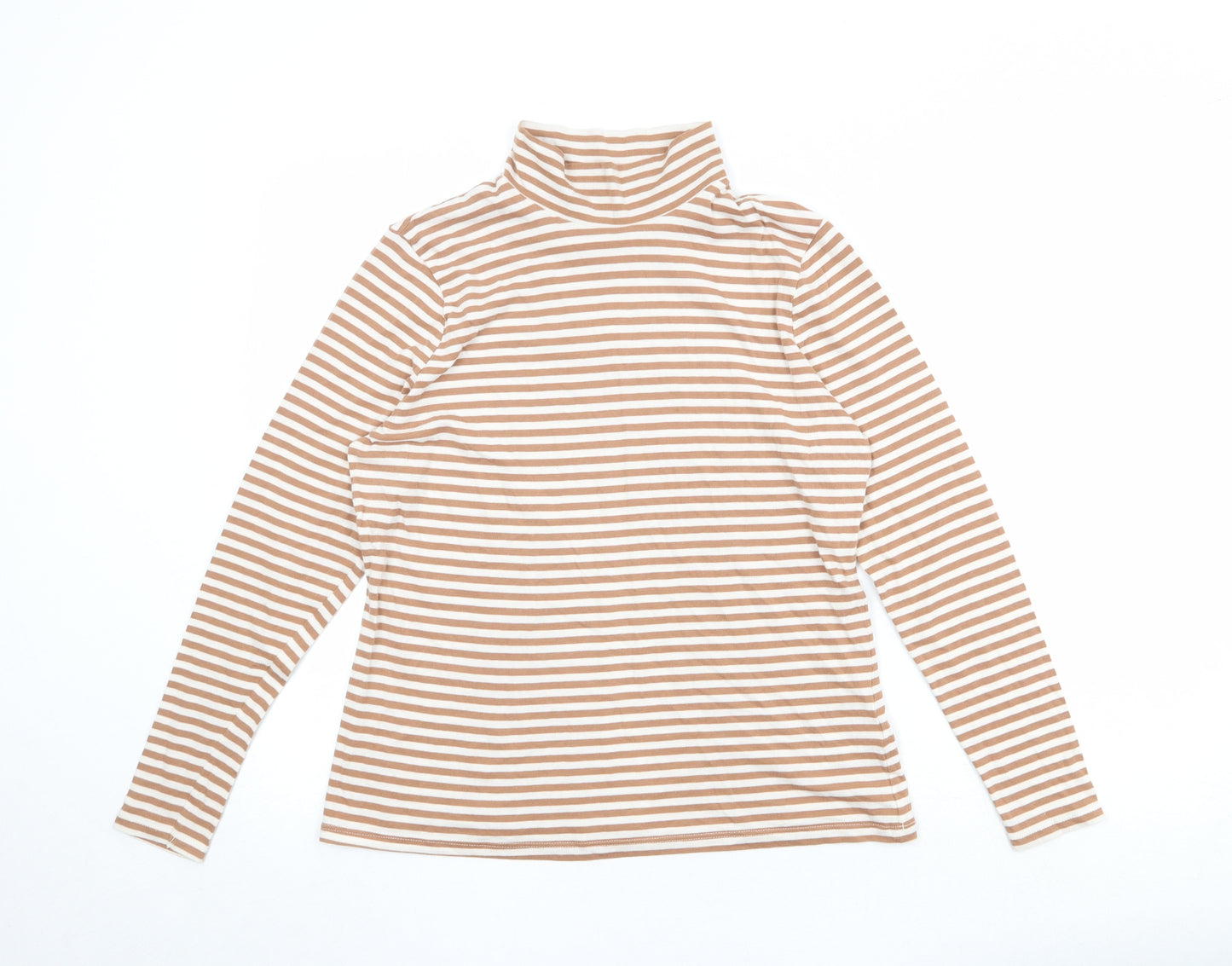 Marks and Spencer Womens Brown Striped Cotton Basic T-Shirt Size 16 High Neck