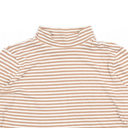 Marks and Spencer Womens Brown Striped Cotton Basic T-Shirt Size 16 High Neck