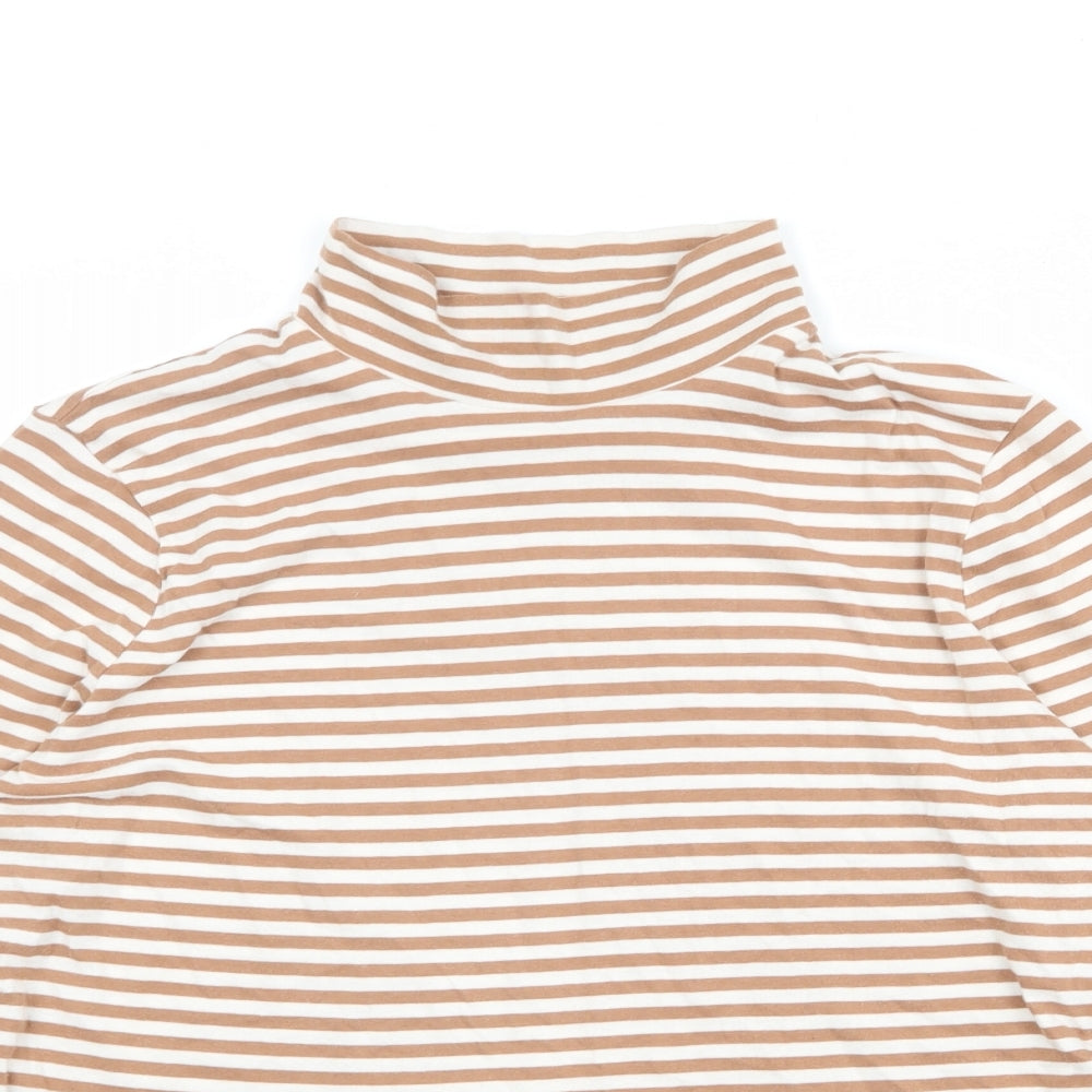 Marks and Spencer Womens Brown Striped Cotton Basic T-Shirt Size 16 High Neck