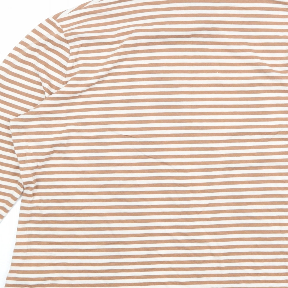 Marks and Spencer Womens Brown Striped Cotton Basic T-Shirt Size 16 High Neck