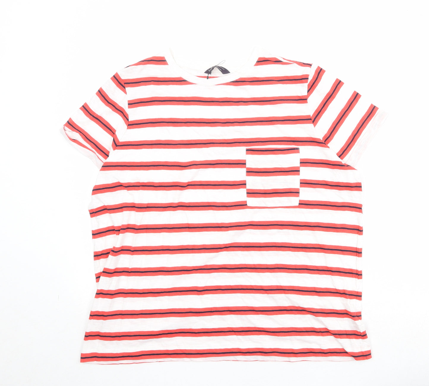 Marks and Spencer Womens Red Striped 100% Cotton Basic T-Shirt Size 16 Round Neck