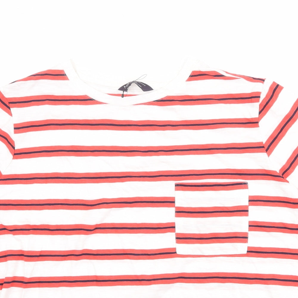 Marks and Spencer Womens Red Striped 100% Cotton Basic T-Shirt Size 16 Round Neck