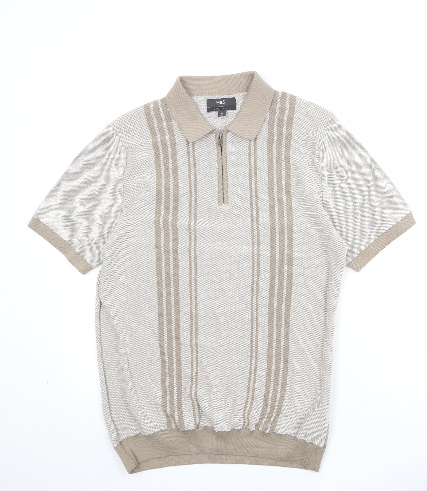 Marks and Spencer Mens Beige Cotton Polo Size M Collared Zip