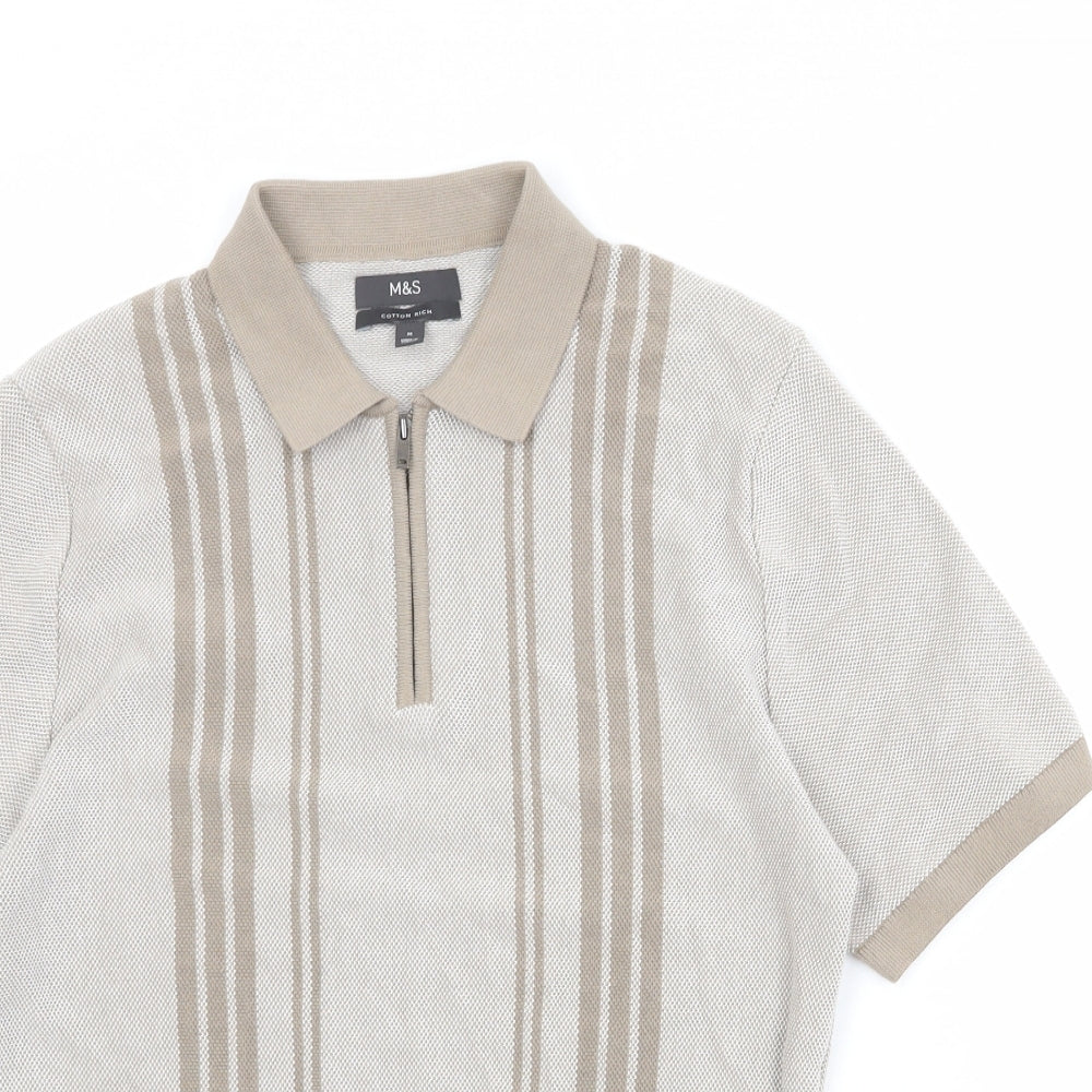 Marks and Spencer Mens Beige Cotton Polo Size M Collared Zip