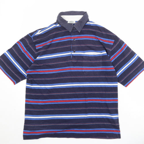 Casual Club Mens Blue Striped Cotton Polo Size L Collared Button
