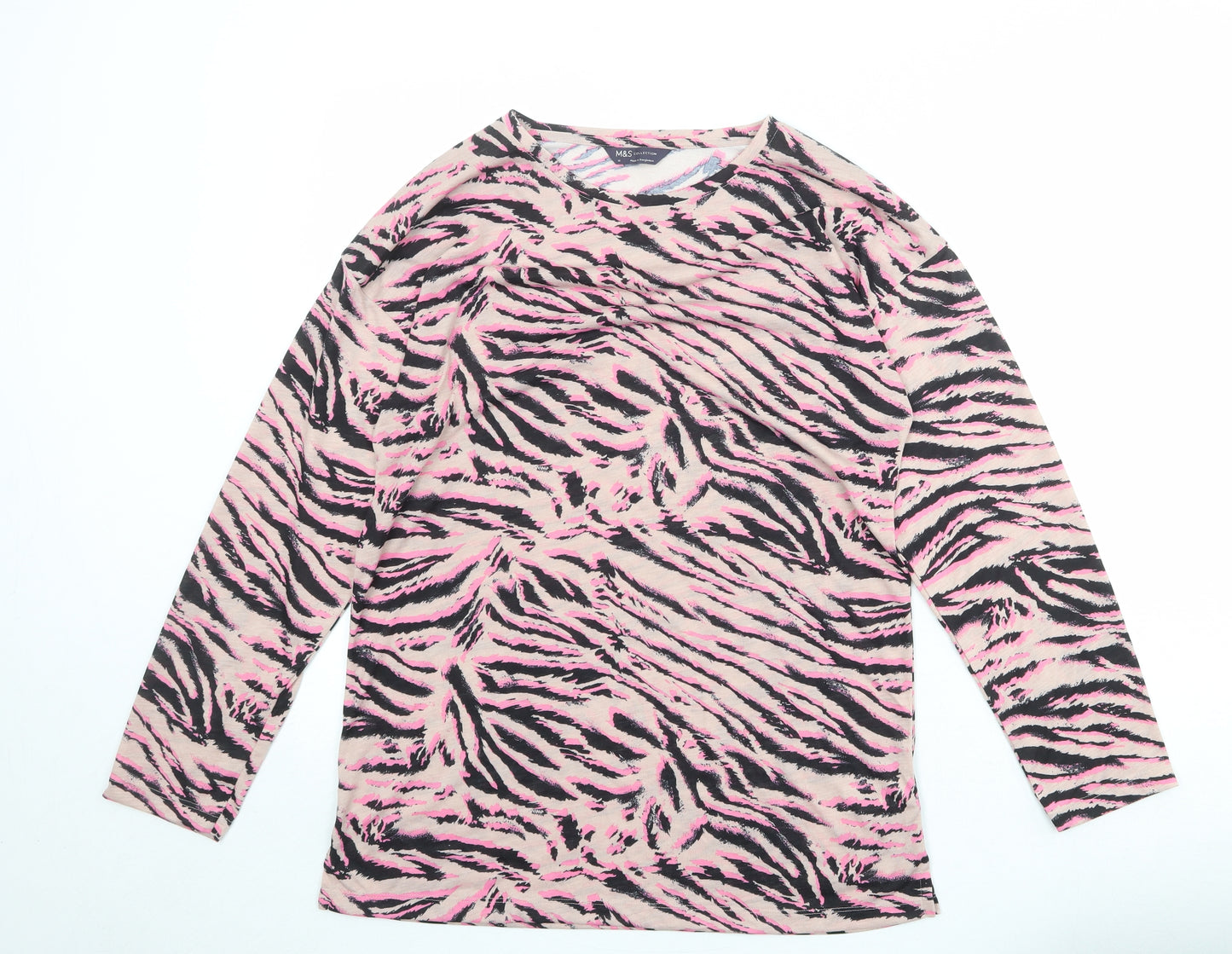 Marks and Spencer Womens Pink Animal Print Polyester Basic T-Shirt Size 10 Round Neck - Tiger Pattern