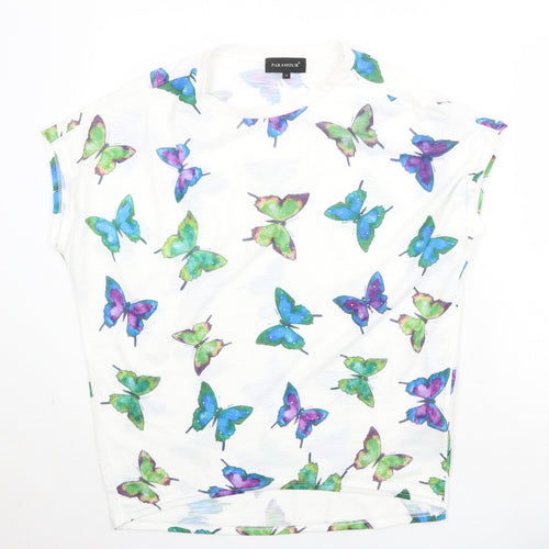 Paramour Womens White Geometric Polyester Basic T-Shirt Size M Round Neck - Butterfly Pattern