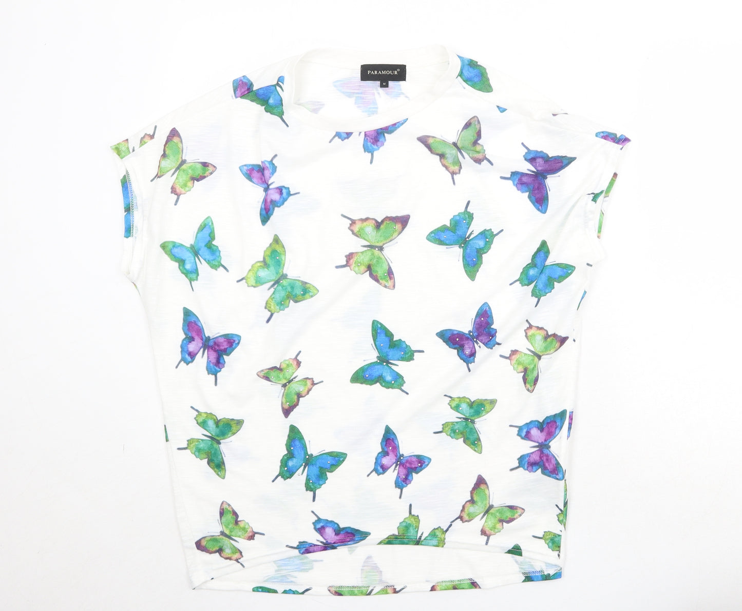 Paramour Womens White Geometric Polyester Basic T-Shirt Size M Round Neck - Butterfly Pattern