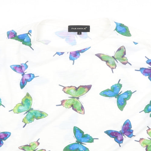Paramour Womens White Geometric Polyester Basic T-Shirt Size M Round Neck - Butterfly Pattern