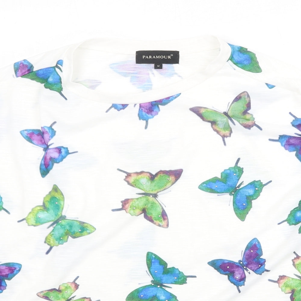 Paramour Womens White Geometric Polyester Basic T-Shirt Size M Round Neck - Butterfly Pattern
