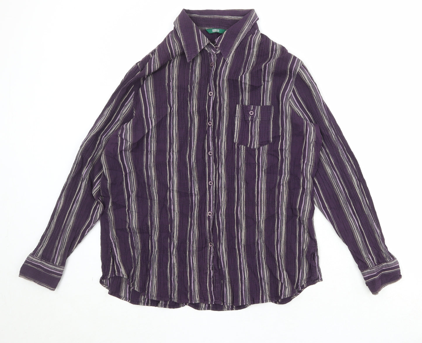 Marks and Spencer Womens Purple Striped Cotton Basic Button-Up Size 18 Collared