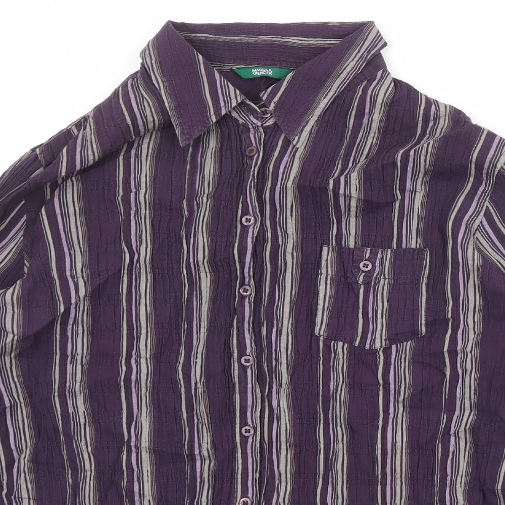 Marks and Spencer Womens Purple Striped Cotton Basic Button-Up Size 18 Collared