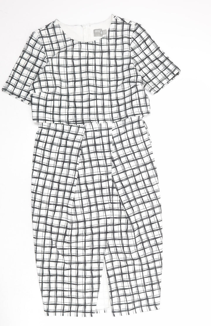 ASOS Womens White Check Polyester Shift Size 12 Round Neck Zip