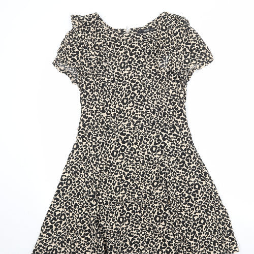 Oasis Womens Beige Animal Print Viscose Skater Dress Size 10 Round Neck Zip - Leopard Pattern