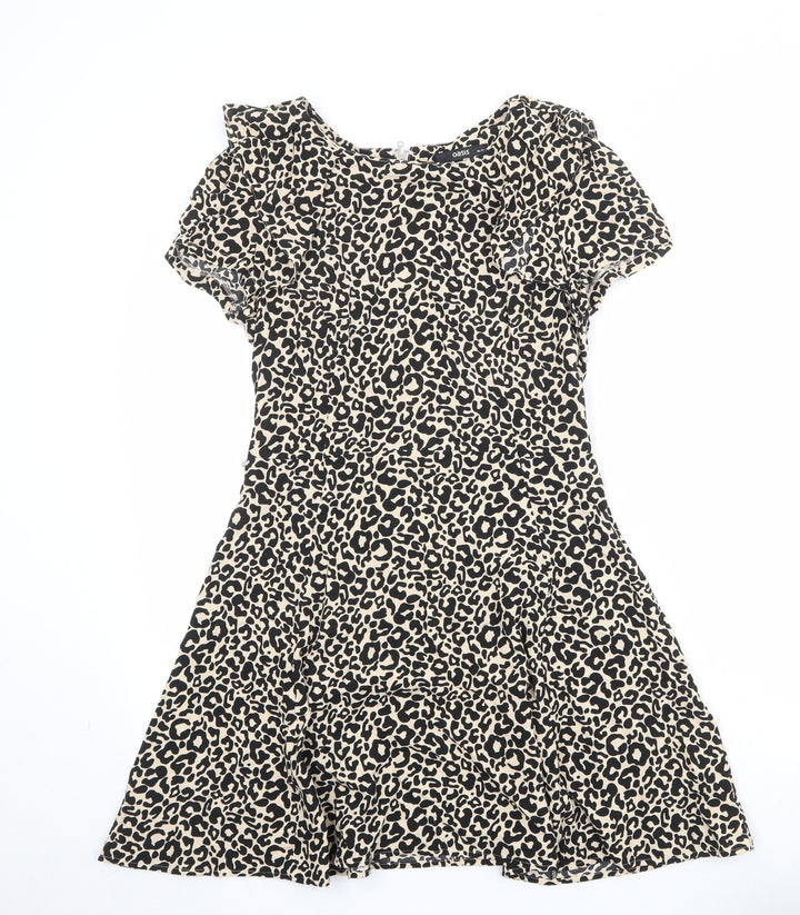 Oasis Womens Beige Animal Print Viscose Skater Dress Size 10 Round Neck Zip - Leopard Pattern