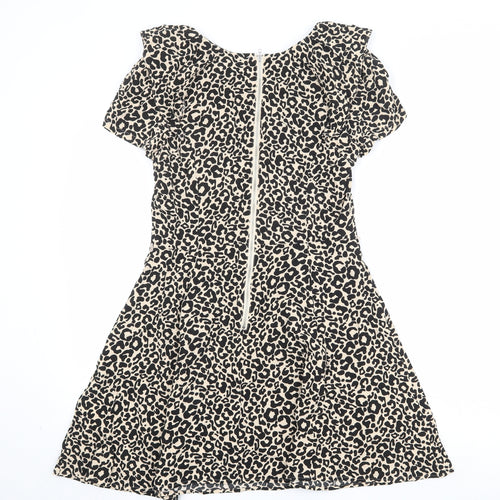 Oasis Womens Beige Animal Print Viscose Skater Dress Size 10 Round Neck Zip - Leopard Pattern