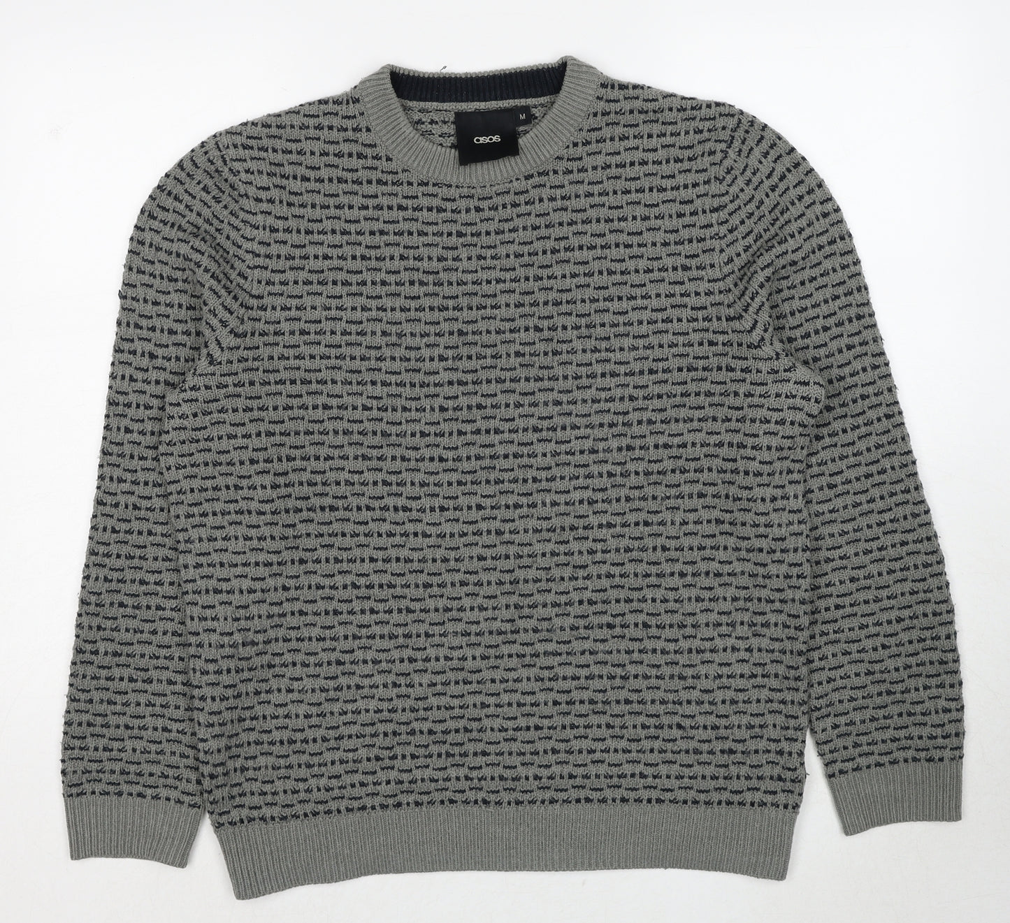 ASOS Mens Grey Round Neck Geometric Acrylic Pullover Jumper Size M Long Sleeve