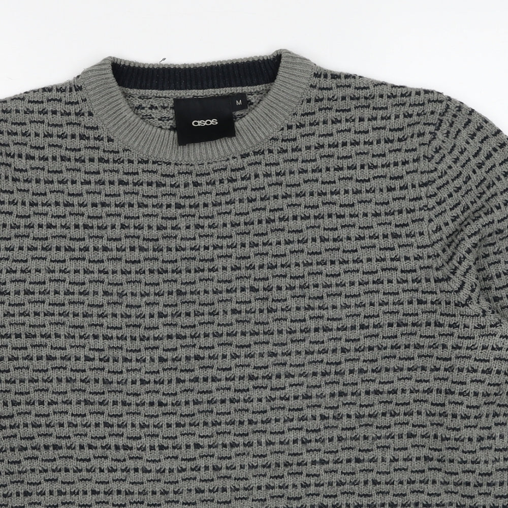ASOS Mens Grey Round Neck Geometric Acrylic Pullover Jumper Size M Long Sleeve