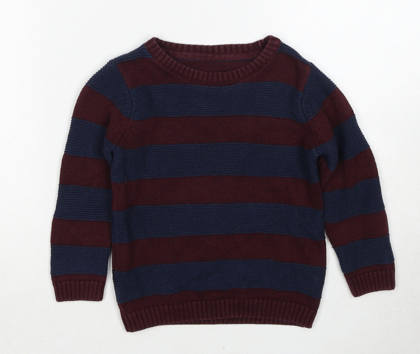Marks and Spencer Boys Red Round Neck Striped Cotton Pullover Jumper Size 2-3 Years Pullover