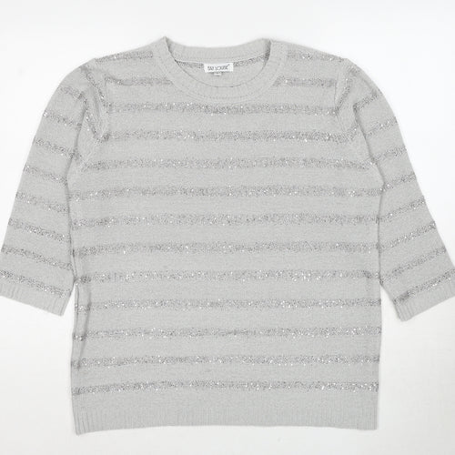 Fay Louise Womens Grey Round Neck Striped Acrylic Pullover Jumper Size L