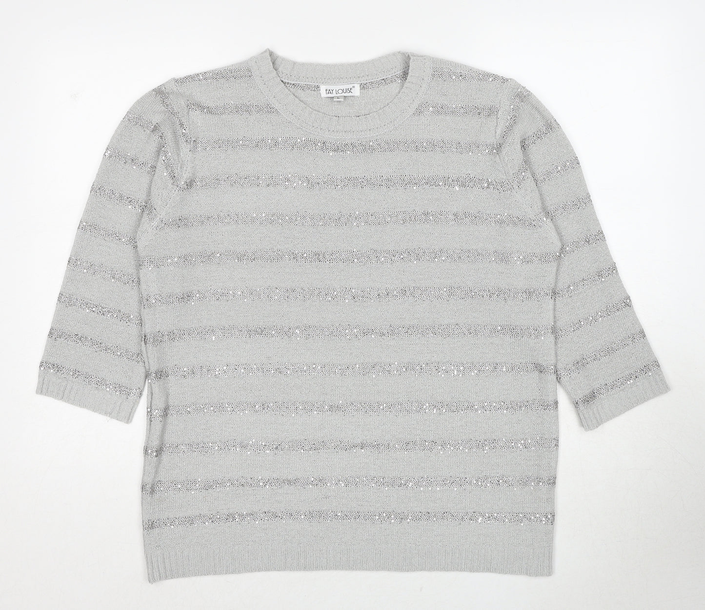 Fay Louise Womens Grey Round Neck Striped Acrylic Pullover Jumper Size L