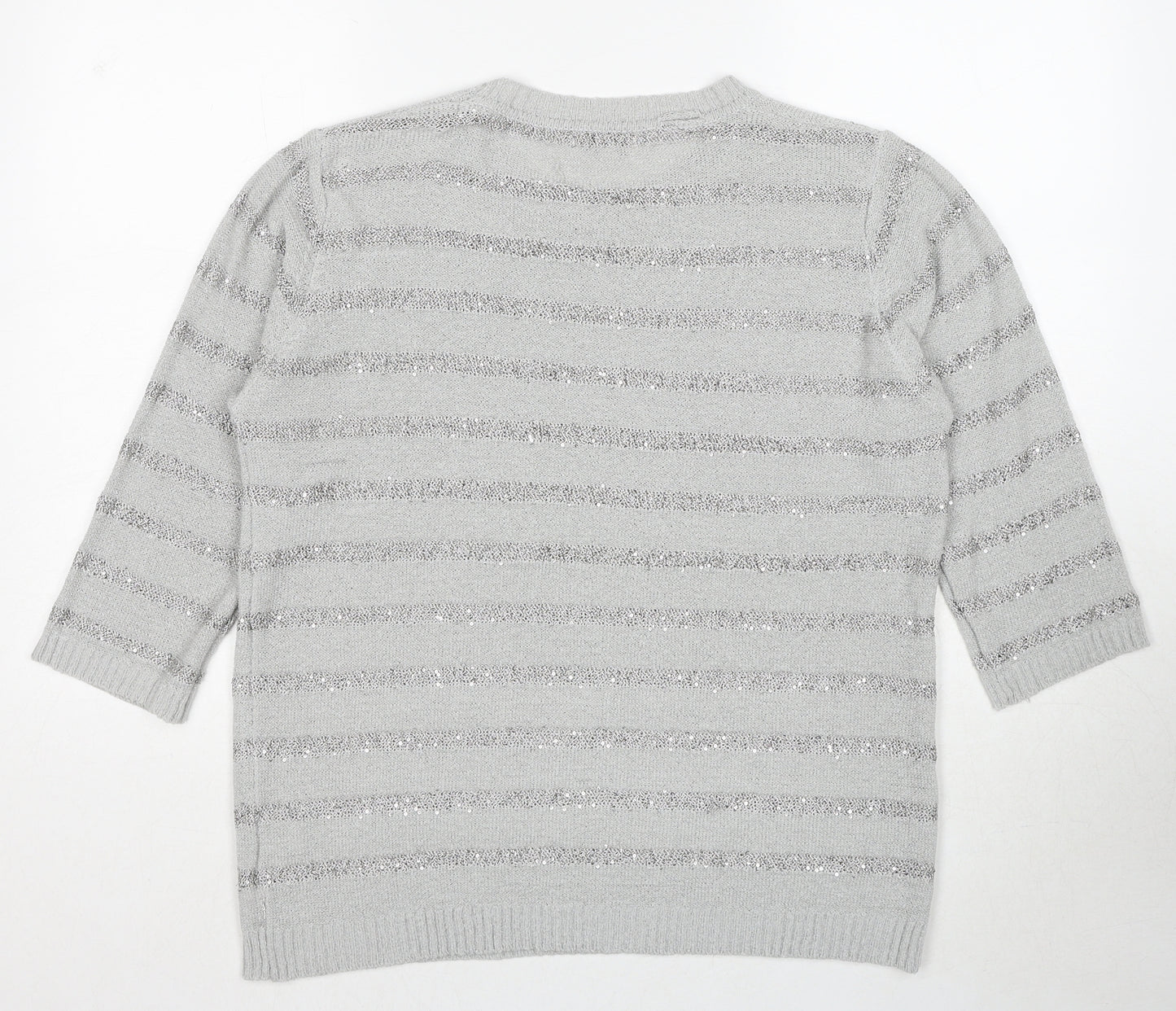 Fay Louise Womens Grey Round Neck Striped Acrylic Pullover Jumper Size L