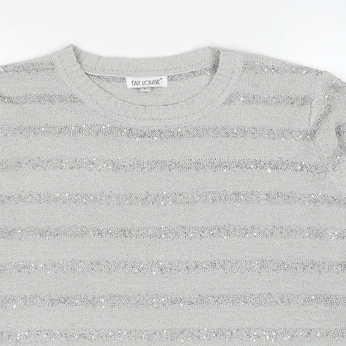 Fay Louise Womens Grey Round Neck Striped Acrylic Pullover Jumper Size L