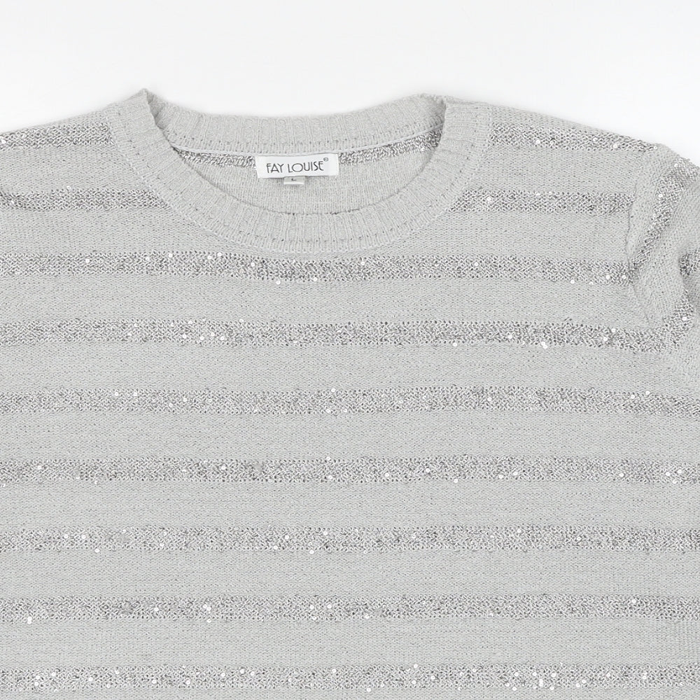 Fay Louise Womens Grey Round Neck Striped Acrylic Pullover Jumper Size L