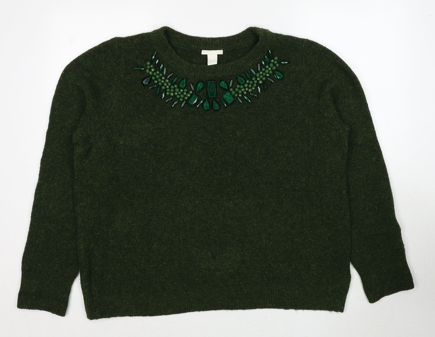 H&M Womens Green Round Neck Acrylic Pullover Jumper Size L