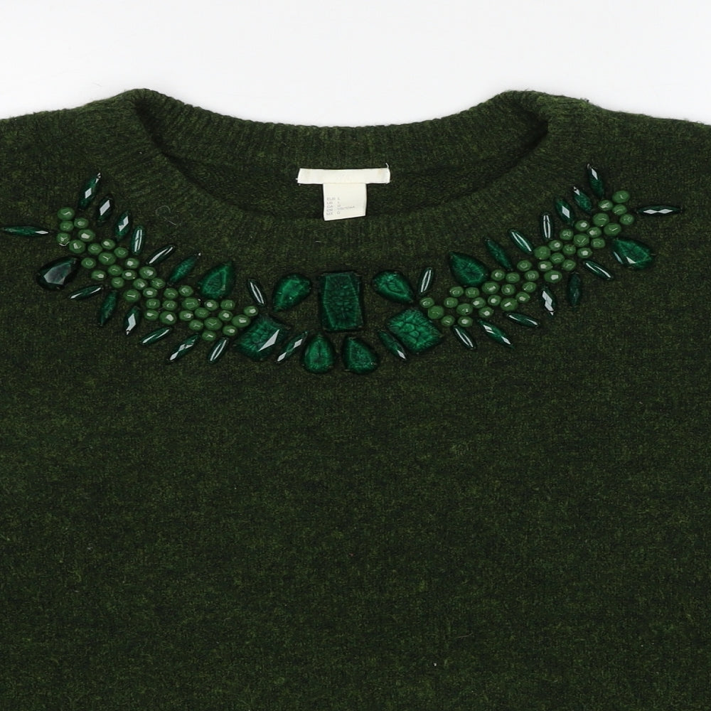 H&M Womens Green Round Neck Acrylic Pullover Jumper Size L