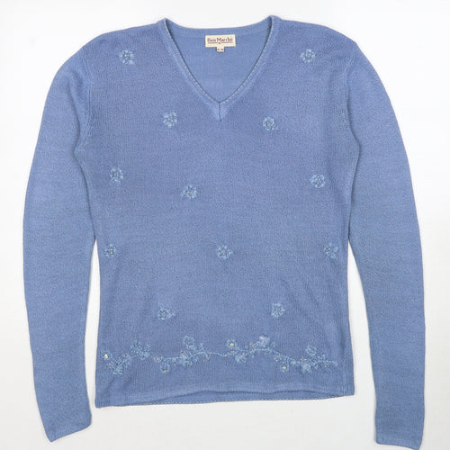 Bonmarché Womens Blue V-Neck Acrylic Pullover Jumper Size S - Size S/M