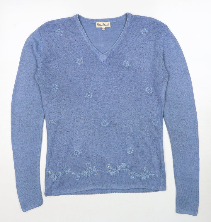Bonmarché Womens Blue V-Neck Acrylic Pullover Jumper Size S - Size S/M