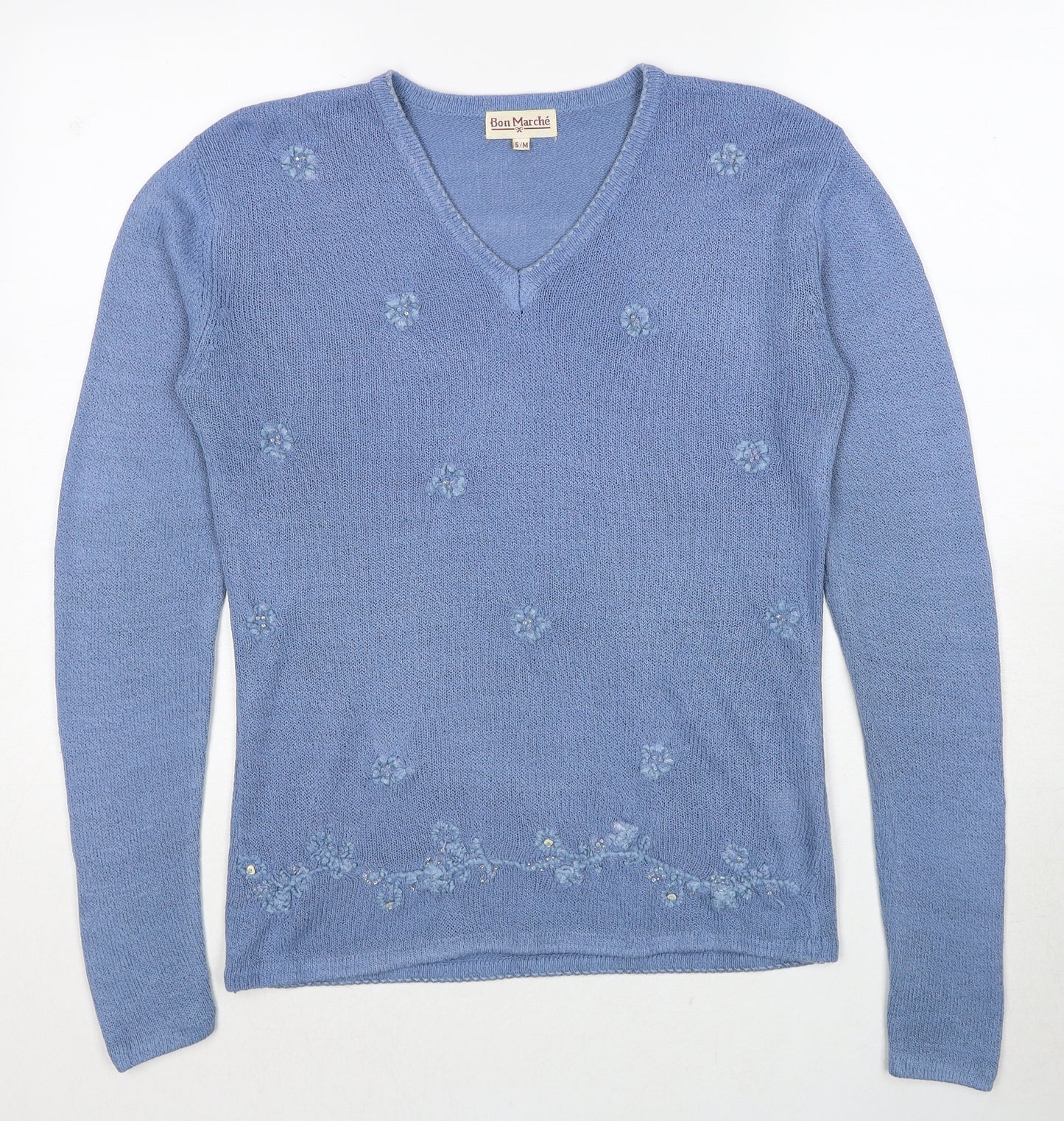 Bonmarché Womens Blue V-Neck Acrylic Pullover Jumper Size S - Size S/M