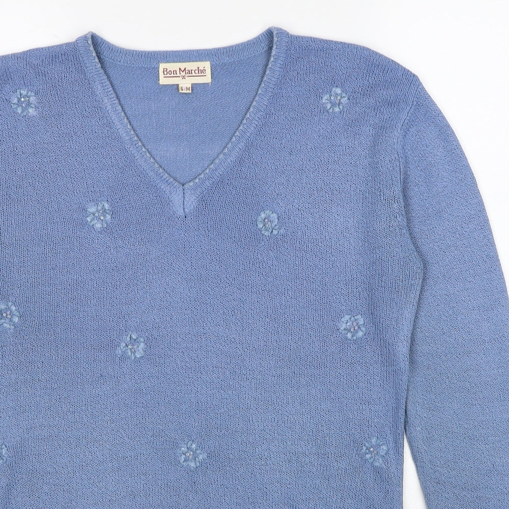 Bonmarché Womens Blue V-Neck Acrylic Pullover Jumper Size S - Size S/M