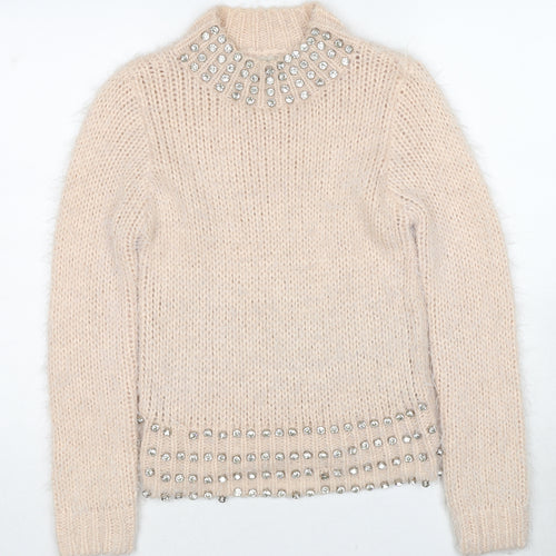 Miss Selfridge Womens Beige Round Neck Acrylic Pullover Jumper Size 6