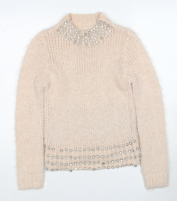 Miss Selfridge Womens Beige Round Neck Acrylic Pullover Jumper Size 6