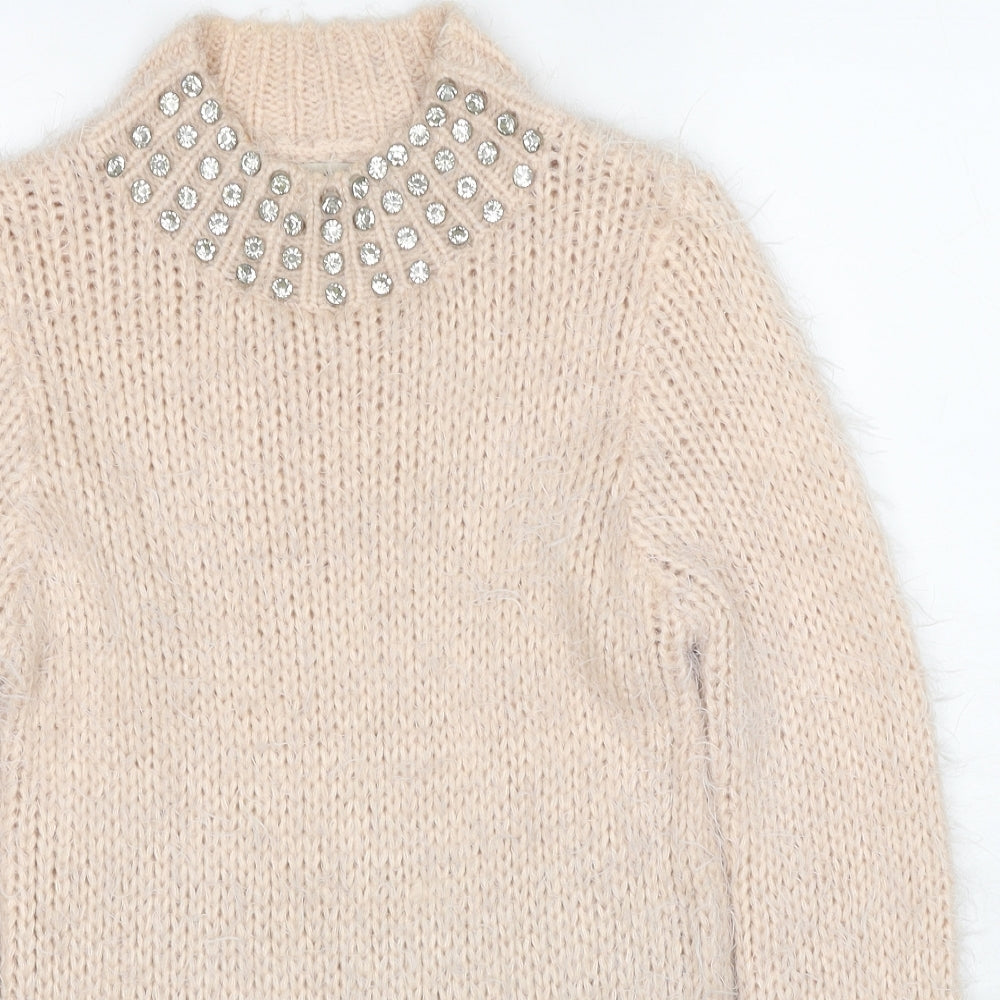 Miss Selfridge Womens Beige Round Neck Acrylic Pullover Jumper Size 6