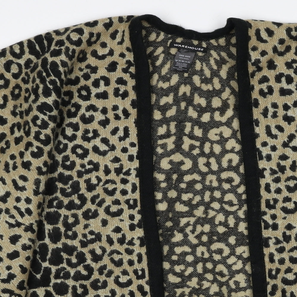 Warehouse Womens Beige V-Neck Animal Print Acrylic Pullover Jumper One Size - Leopard Pattern