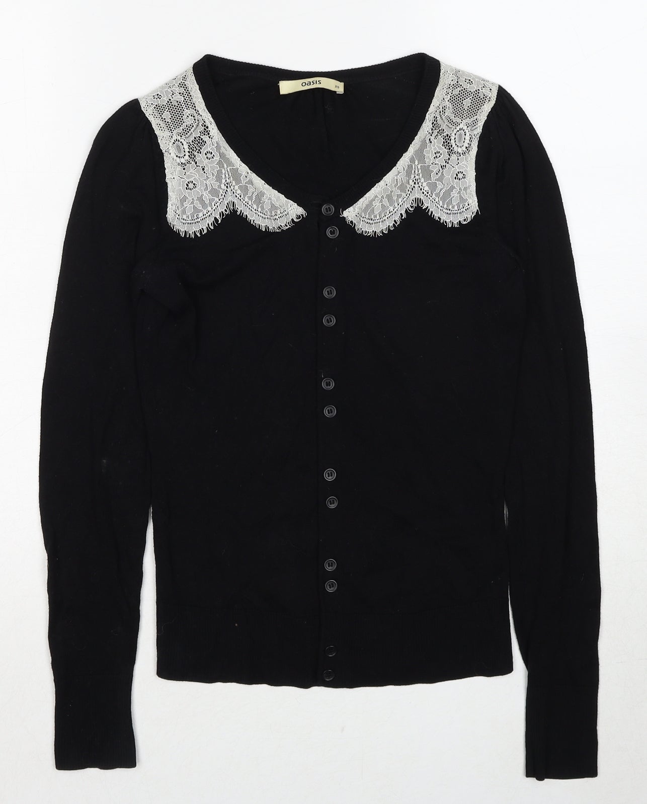 Oasis Womens Black V-Neck Cotton Cardigan Jumper Size XS - Lace Detail
