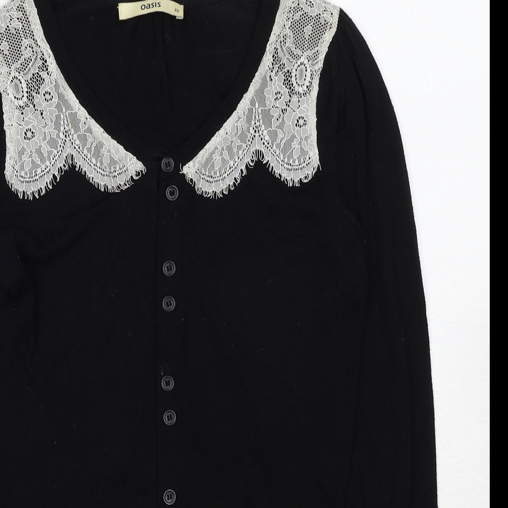 Oasis Womens Black V-Neck Cotton Cardigan Jumper Size XS - Lace Detail