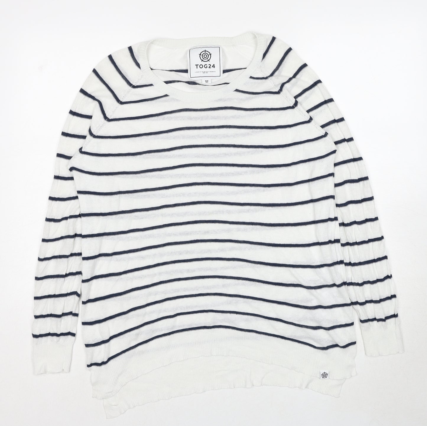 TOG24 Womens White Round Neck Striped Linen Pullover Jumper Size 12