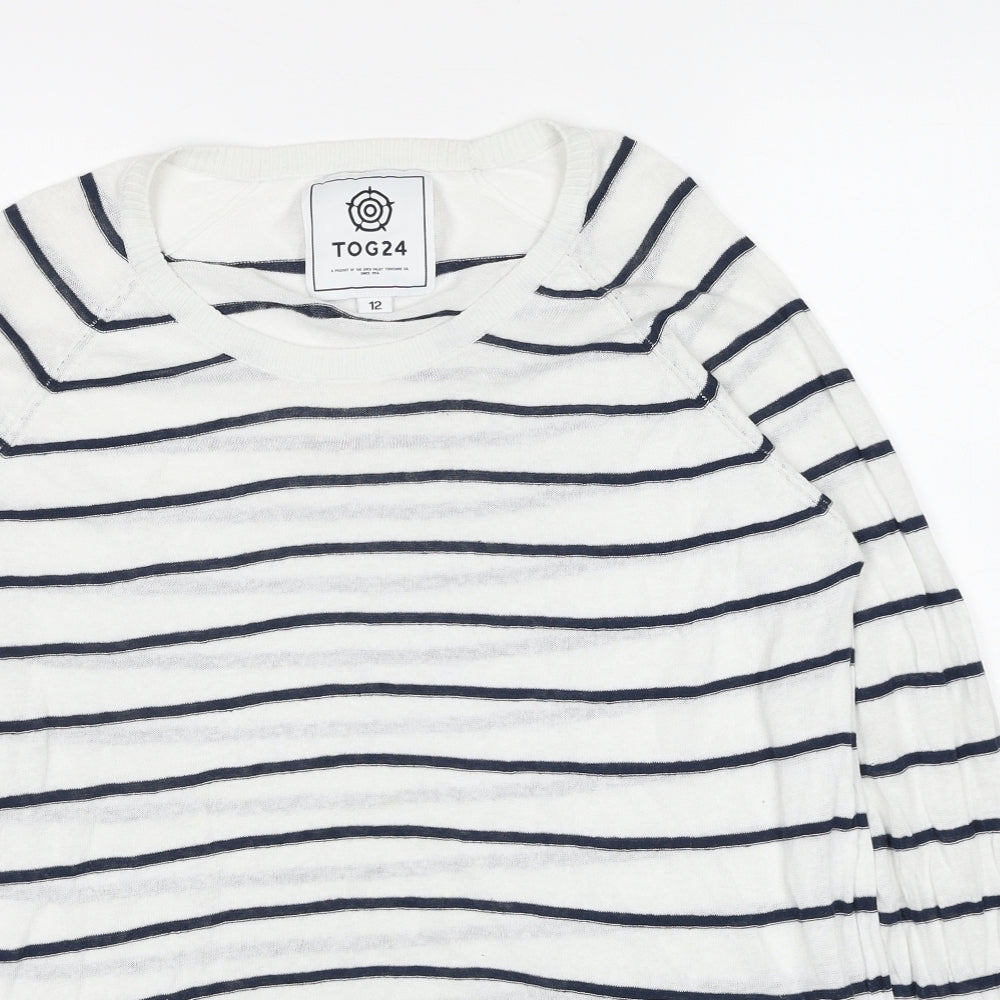 TOG24 Womens White Round Neck Striped Linen Pullover Jumper Size 12